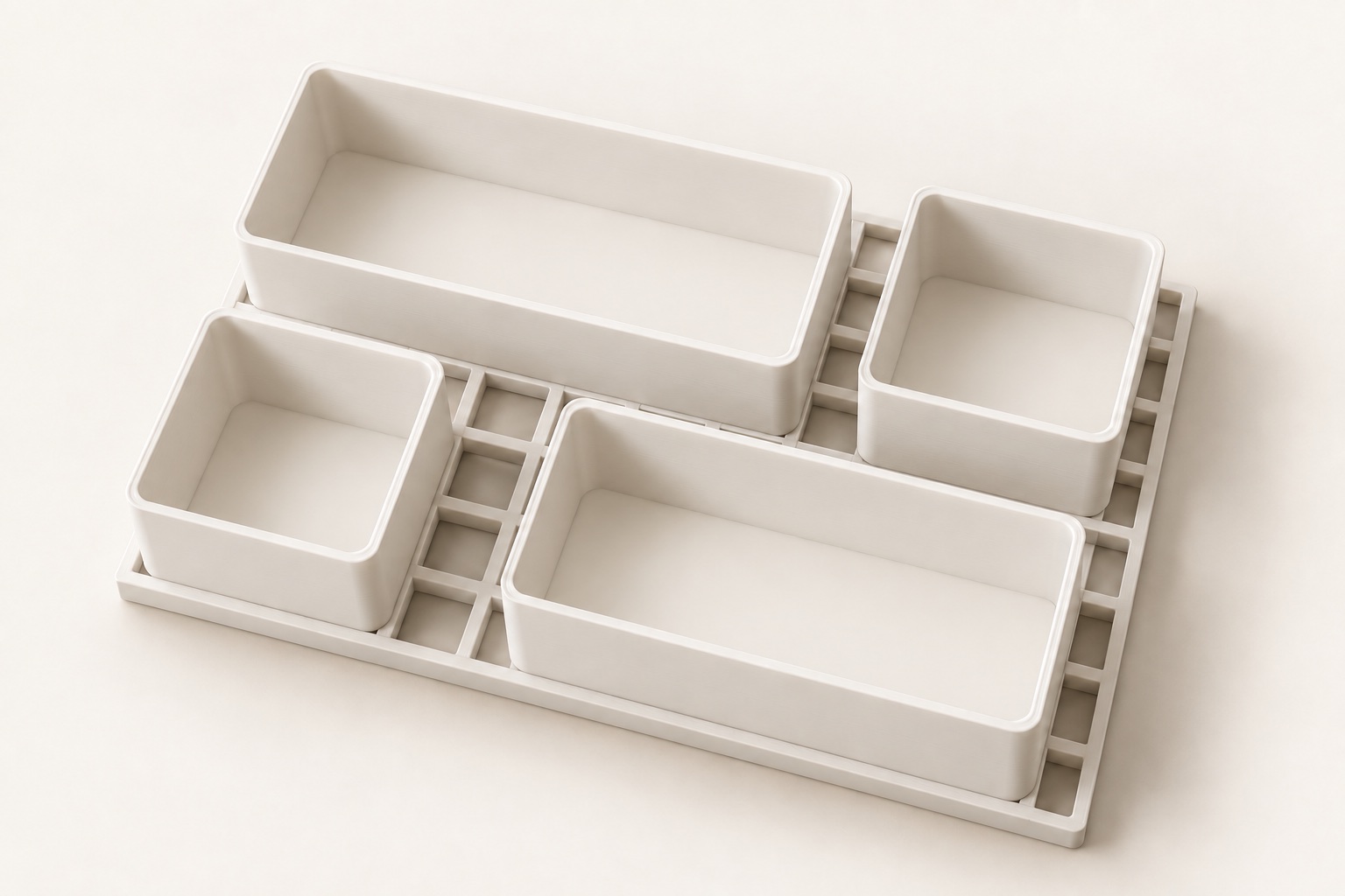 White modular bins arranged on a grid